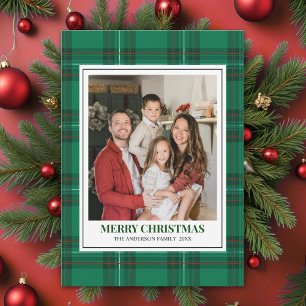 Green Tartan Plaid with Christmas Family Photo Holiday Card