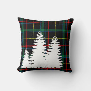 Green Tartan Plaid With Pine Tree Silhouette Cushion