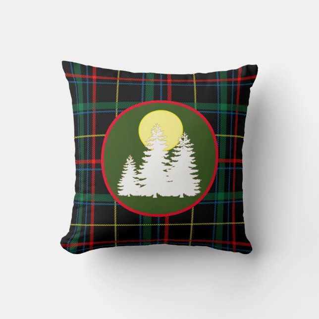 Green Tartan Plaid  With  Pine Tree  Silhouette Th Cushion (Front)