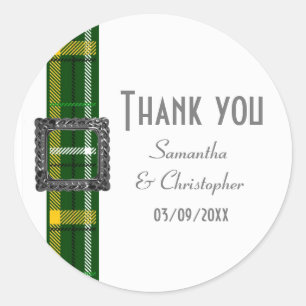 Green tartan ribbon thank you classic round sticker