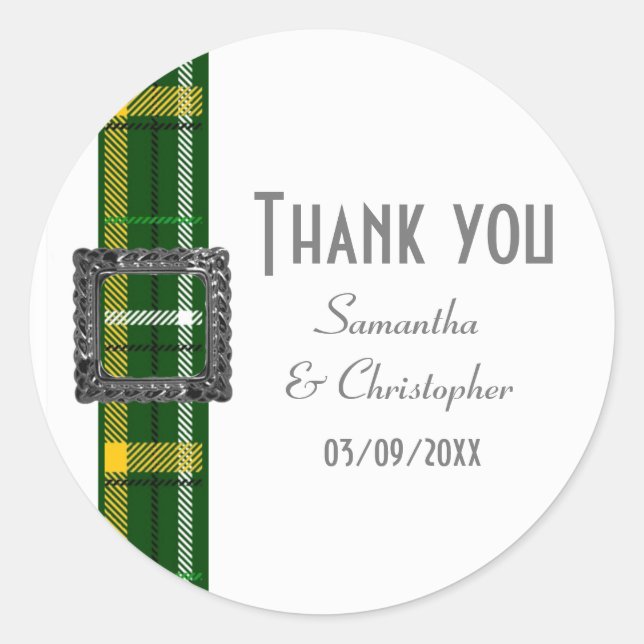Green tartan ribbon thank you classic round sticker (Front)