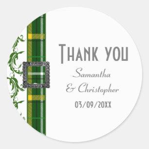 Green tartan thank you classic round sticker
