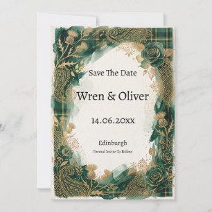 Green Tartan Thistle Rose Gold Save The Date Card