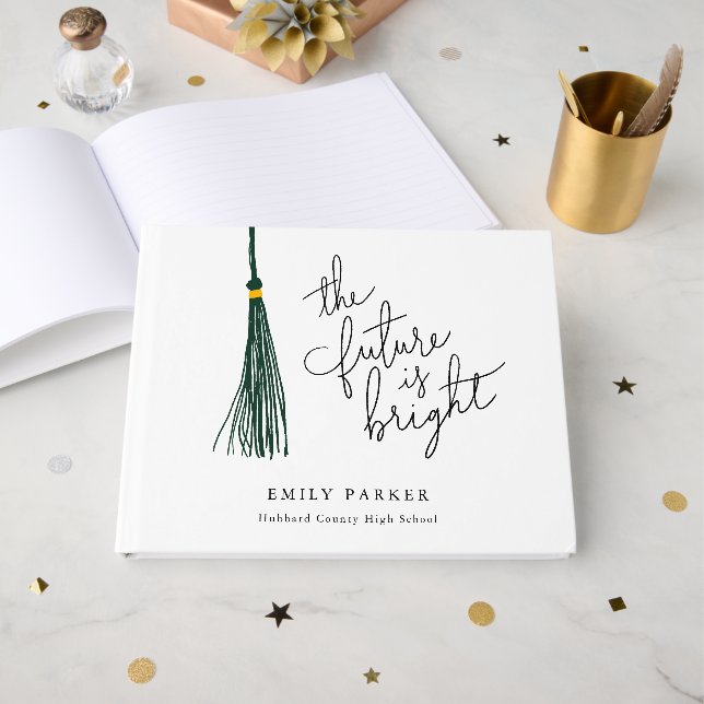 Green Tassel The Future Is Bright Graduation Guest Book (Front Open)