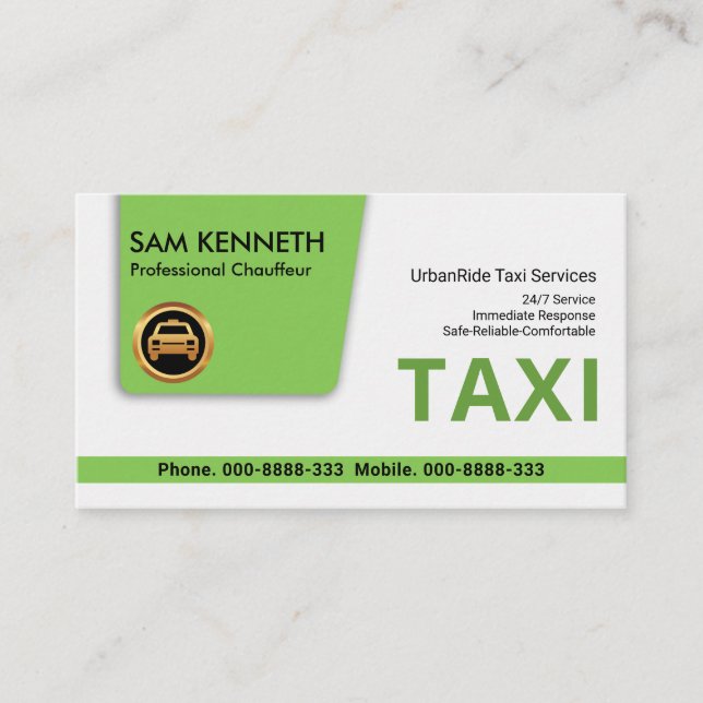 Green Taxi Elegance Special Tab Chauffeur Taxi Business Card (Front)