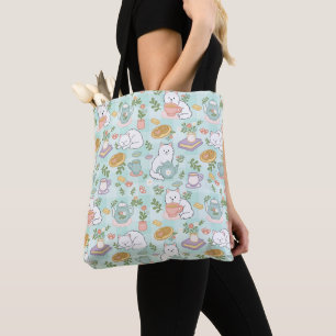 Green Tea & Bookish Cats Cute Girly Pastel Tote Bag