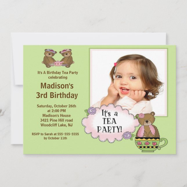 Green Tea Party Photo Birthday Party Invitation (Front)