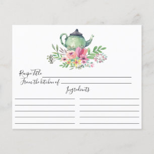 Green Tea Pot Floral Recipe Card