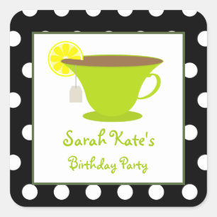 Green Teacup Polka Dot Birthday Party Stickers