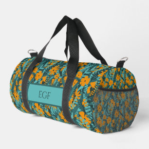 Green, teal and orange floral pattern monogrammed duffle bag