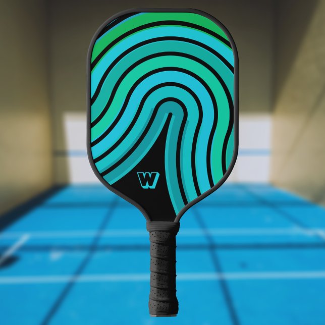 Green Teal Aqua Blue Retro Swirl with Initial Pickleball Paddle (Creator Uploaded)