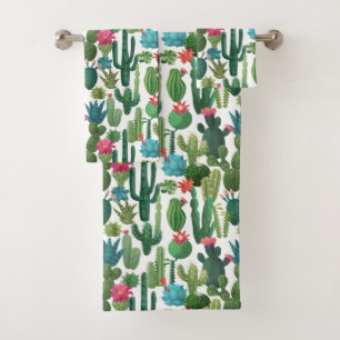 Green Teal Blooming Cacti Pattern Bath Towel Set