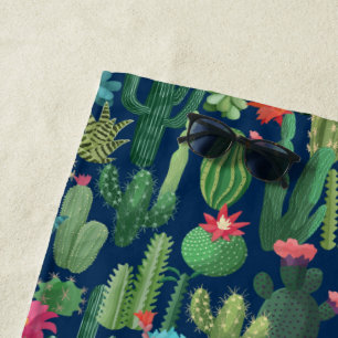 Green Teal Blooming Cacti Pattern Beach Towel