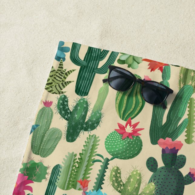 Green Teal Blooming Cacti Pattern Beach Towel (In Situ)
