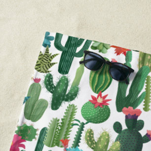 Green Teal Blooming Cacti Pattern Beach Towel