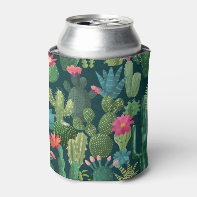 Green Teal Blooming Cacti Pattern Can Cooler (Can Front)