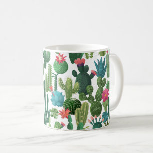 Green Teal Blooming Cacti Pattern Coffee Mug