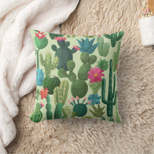 Green Teal Blooming Cacti Pattern Cushion