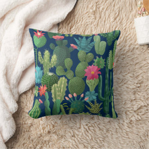 Green Teal Blooming Cacti Pattern Cushion