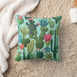 Green Teal Blooming Cacti Pattern Cushion