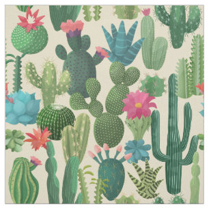 Green Teal Blooming Cacti Pattern Fabric