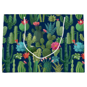 Green Teal Blooming Cacti Pattern Large Gift Bag
