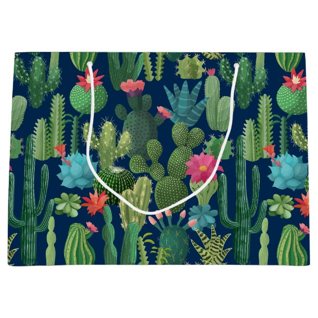 Green Teal Blooming Cacti Pattern Large Gift Bag (Front)