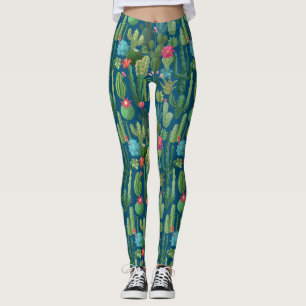 Green Teal Blooming Cacti Pattern Leggings