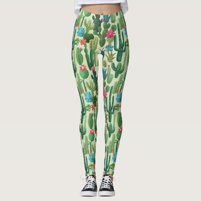 Green Teal Blooming Cacti Pattern Leggings (Front)