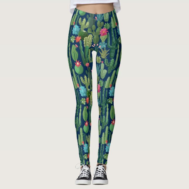 Green Teal Blooming Cacti Pattern Leggings (Front)