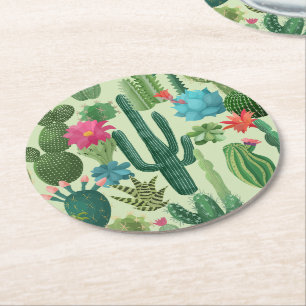 Green Teal Blooming Cacti Pattern Round Paper Coaster