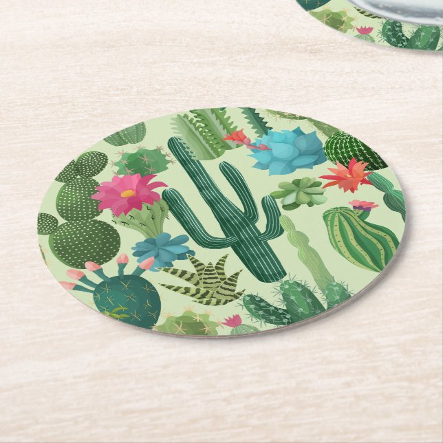 Green Teal Blooming Cacti Pattern Round Paper Coaster (Angled)