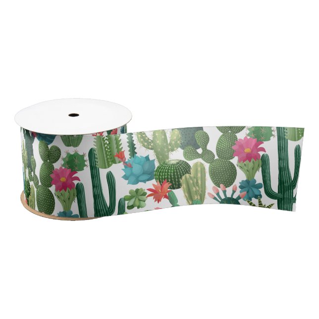 Green Teal Blooming Cacti Pattern Satin Ribbon (Spool)