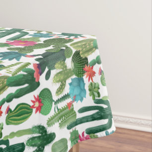 Green Teal Blooming Cacti Pattern Tablecloth