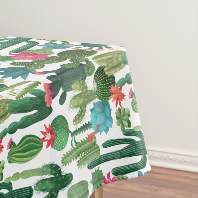 Green Teal Blooming Cacti Pattern Tablecloth (In Situ)