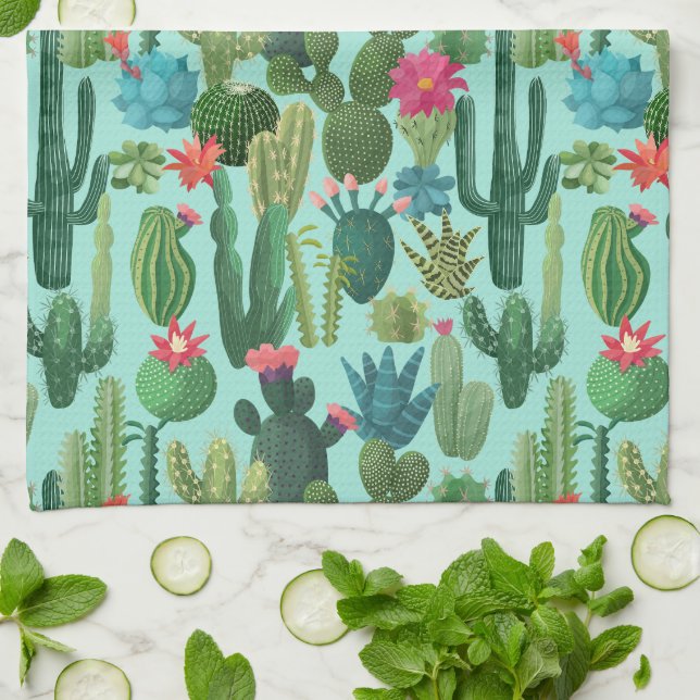 Green Teal Blooming Cacti Pattern Tea Towel (Folded)