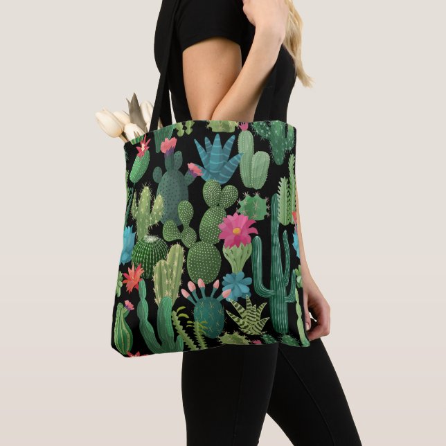 Green Teal Blooming Cacti Pattern Tote Bag (Close Up)