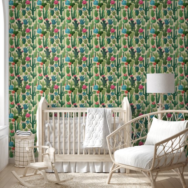 Green Teal Blooming Cacti Pattern Wallpaper (Kids)