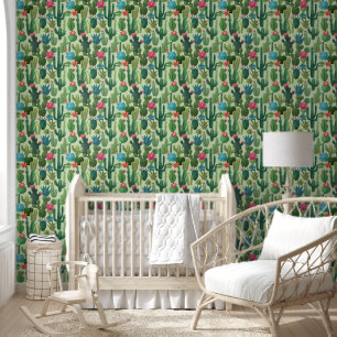 Green Teal Blooming Cacti Pattern Wallpaper