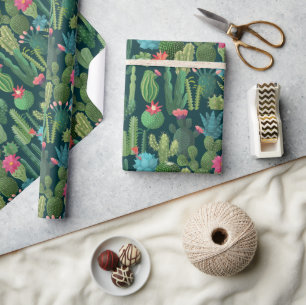 Green Teal Blooming Cacti Pattern Wrapping Paper