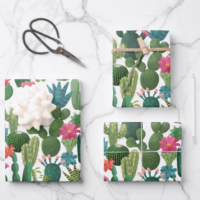 Green Teal Blooming Cacti Pattern Wrapping Paper Sheet (Front)