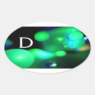 GREEN TEAL BLUE  BLACK  FRACTAL BUBBLES MONOGRAM OVAL STICKER