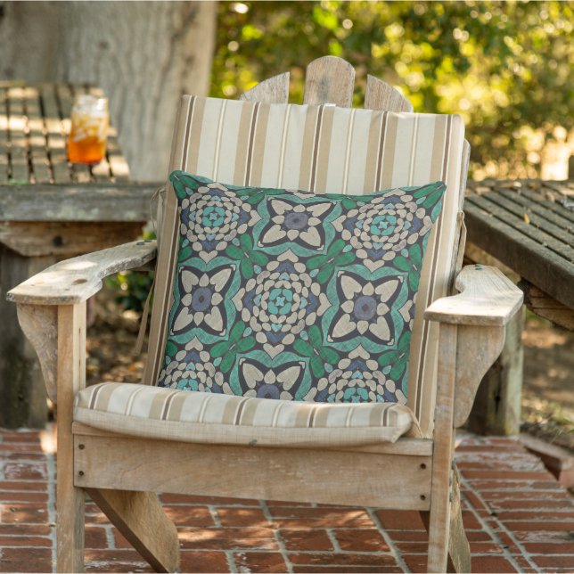 Green Teal Blue Taupe Brown Orient Tribal Art Cushion (Chair)