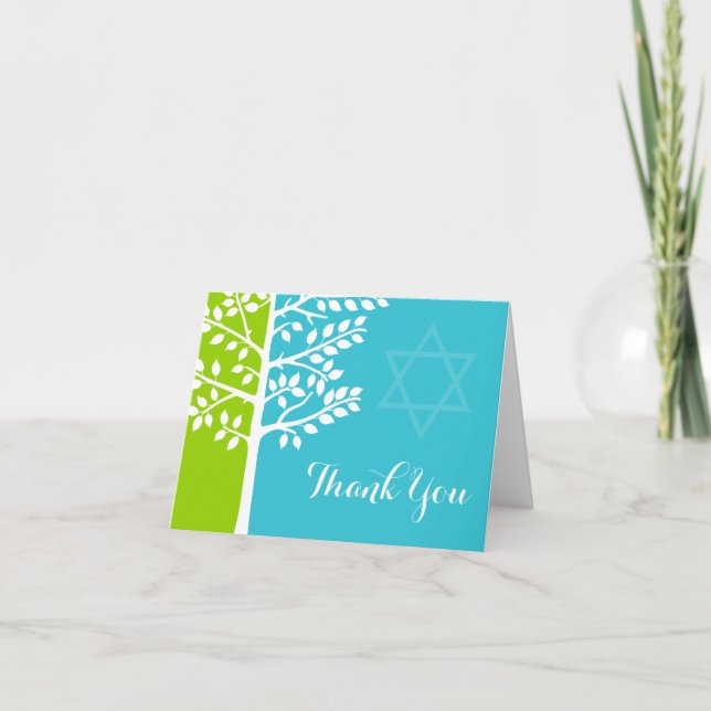 Green Teal Blue Tree of Life Bat Mitzvah Thank You Card (Front)