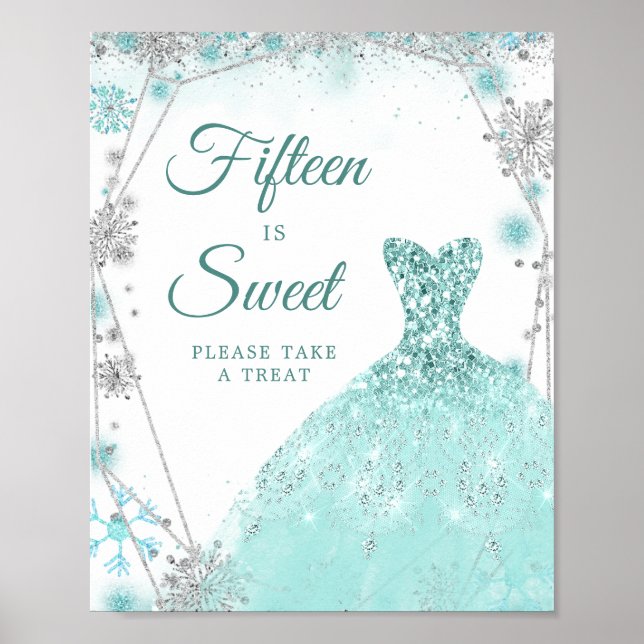 Green Teal Christmas Snowflake 15th is Sweet Poster (Front)