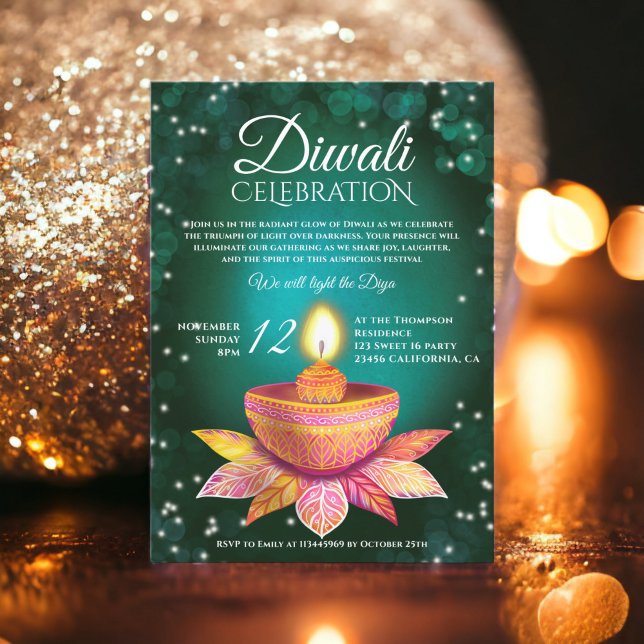 Green teal Diwali Lamps light illustration script Invitation (Green teal Diwali Lamps light illustration script Invitation)