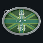 Green Teal Keep Calm And Get Your Text Union Jack Oval Belt Buckle<br><div class="desc">Your personalised Keep Calm saying on a teal green accent union jack decor. A personalised Keep Calm style saying on a one of a kind gift. Humourous or whimsical try on your creative words on two editable lines of text. Remember to use CAPITAL letters for best results. Use the "Ask...</div>