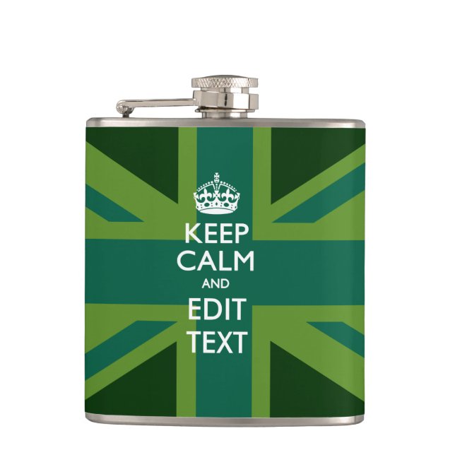 Green Teal Keep Calm And Have Your Text Union Jack Hip Flask (Front)