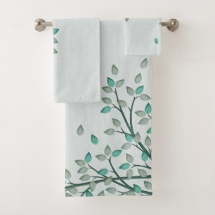Green Teal Leaves Bath Bathroom Towel Set