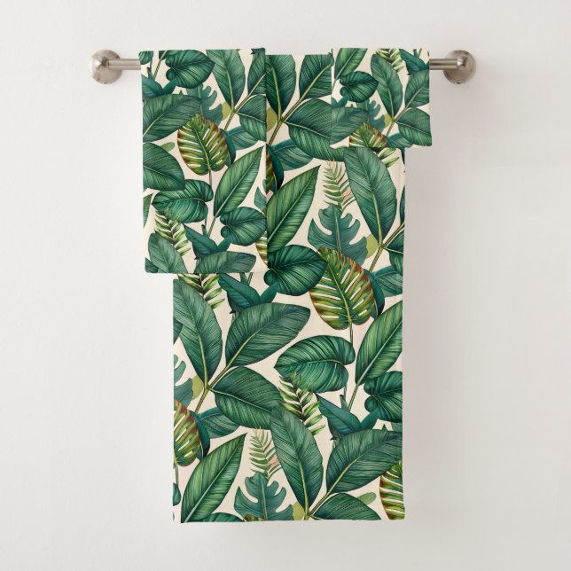 Green & Teal Palm Monstera Tropical Leaves Pattern Bath Towel Set (Insitu)